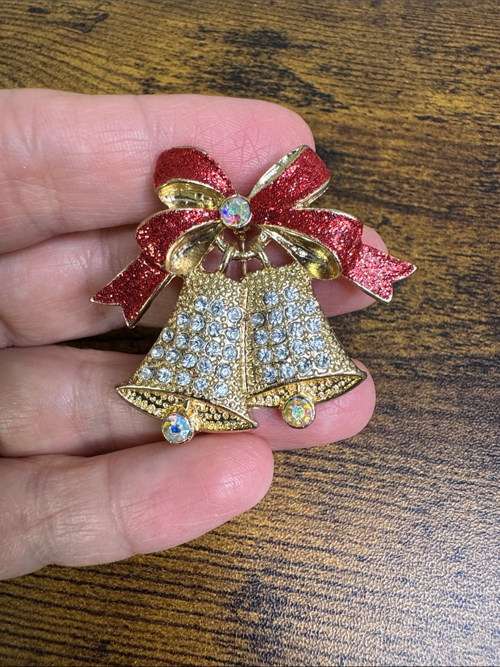 Vintage Gold Bell Brooch with Red Enamel Bow and Clear Rhinestones